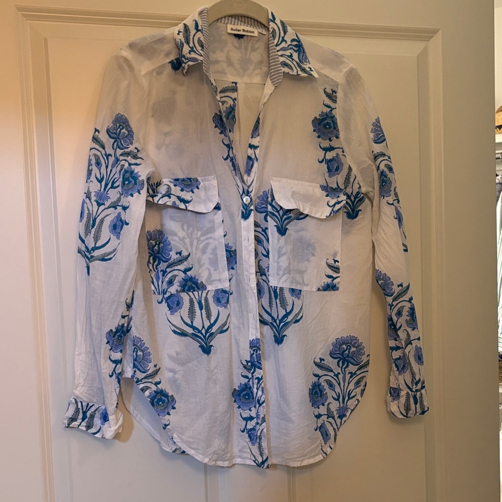 Roller Rabbit White Button-Up Blouse with Blue Floral Print